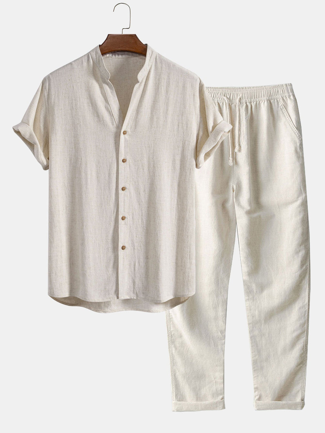 Sleeve Linen Rayon Blend Stand Collar Shirt & Straight Leg Linen Pants