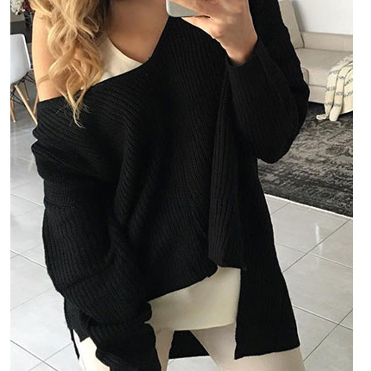 Damen lässiger Oversized Pullover mit asymmetrischem Schnitt und tiefem Rundhalsausschnitt Heidi-Mode