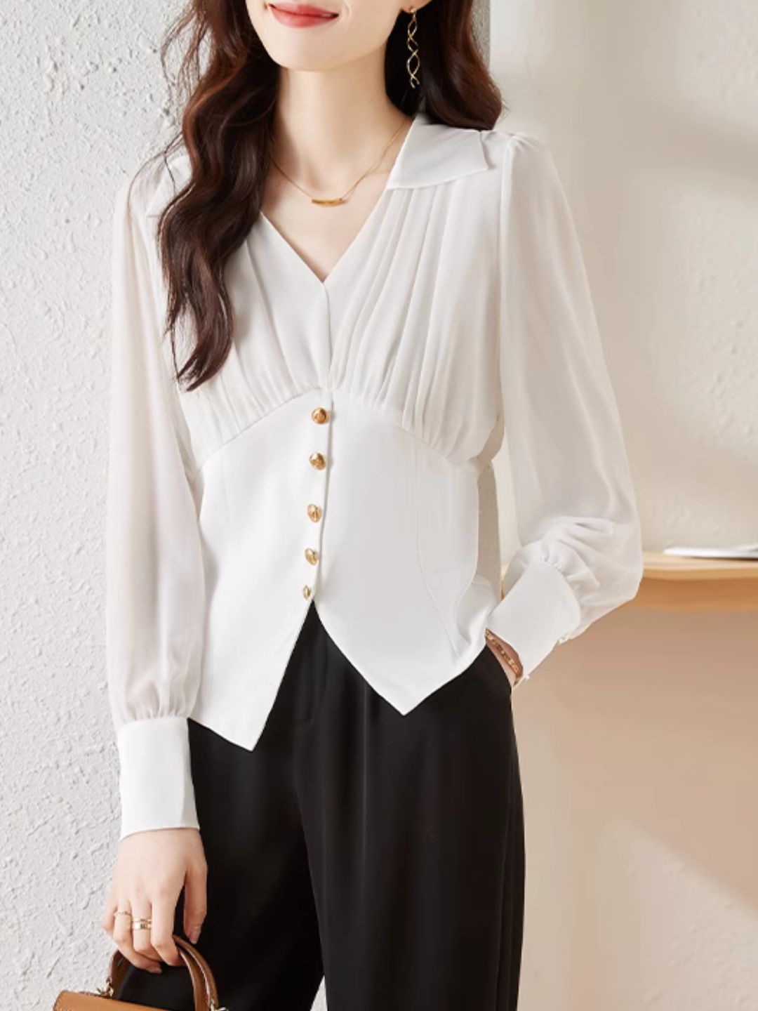 Heidi-Mode | Chiffon Falten Taille Shirt Schwarz