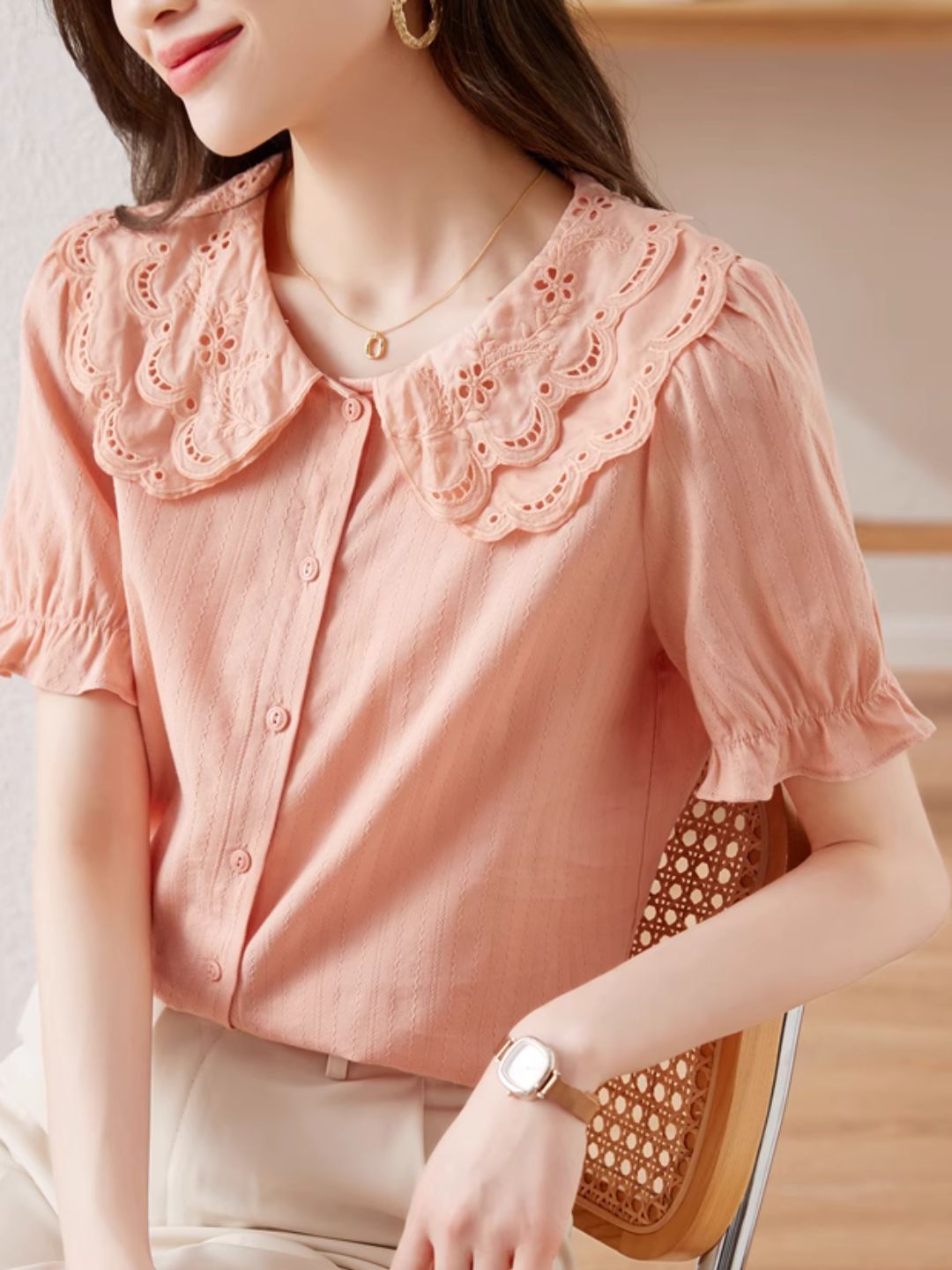 Heidi-Mode | Französische Spitze Doppelkragen Puffärmel Bluse