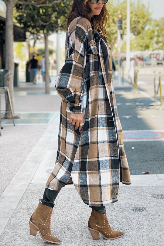 Heidi-Mode | Klappkragen Karoprint Wolle Lange Jacke