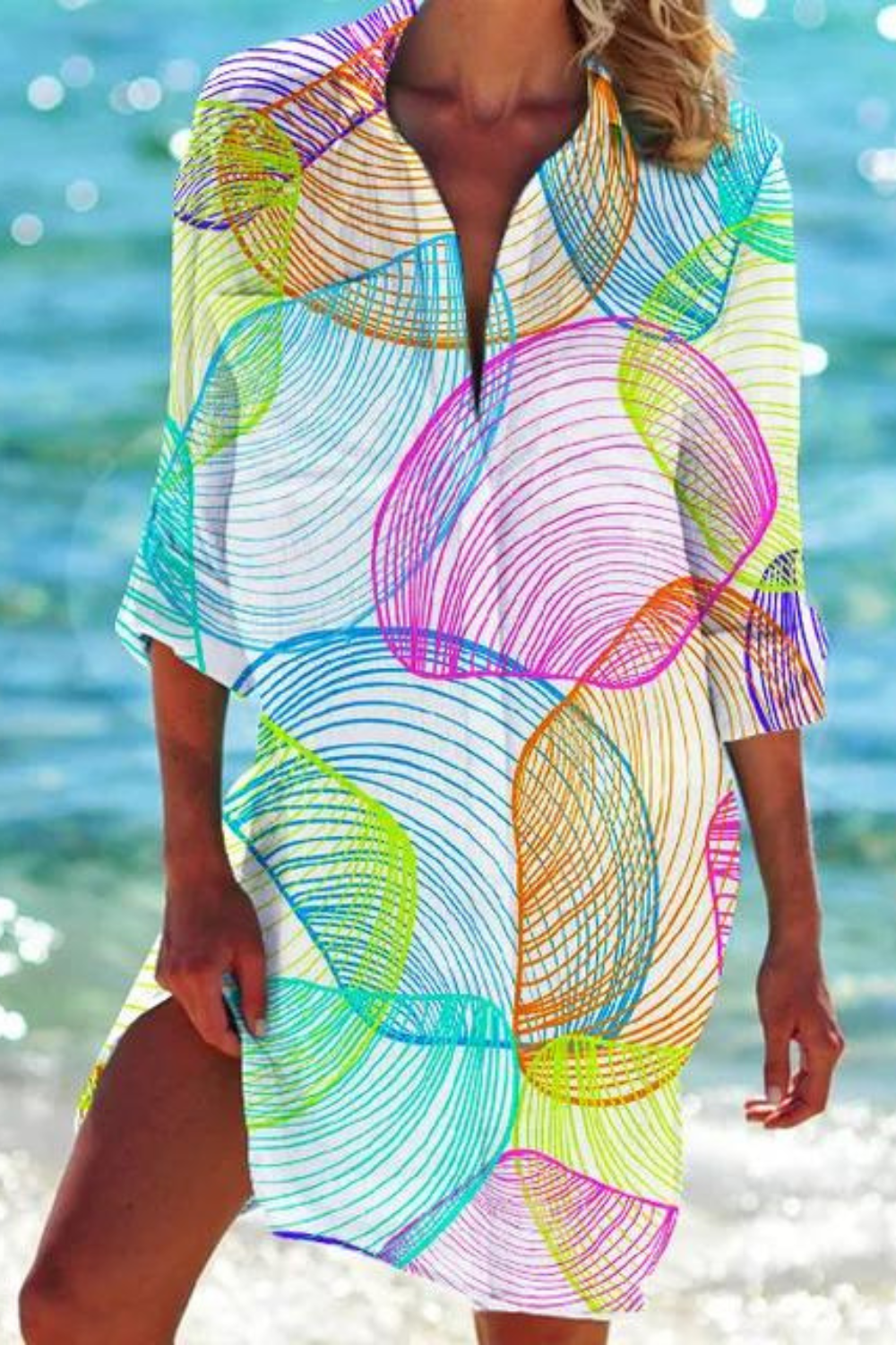 Heidi-Mode - Lange Strandbluse mit Meeresmotiv