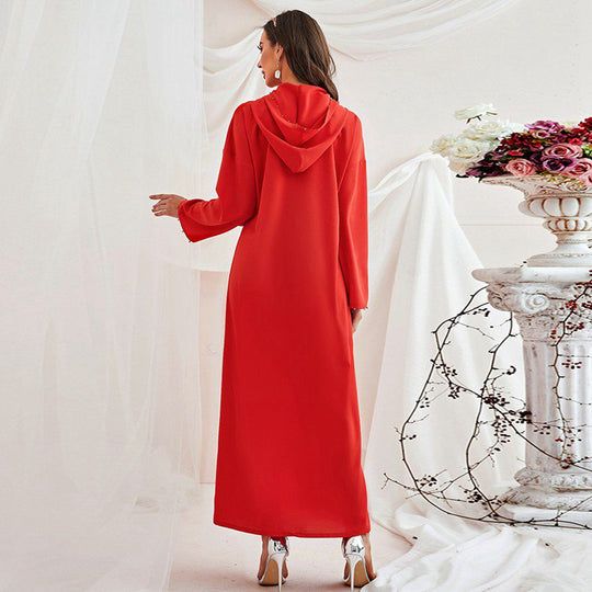 Heidi-Mode | Handgefertigter Strass Kapuzen Weinrote Femme Djellaba Frauen Abaya Kaftan Kleid Jalaba