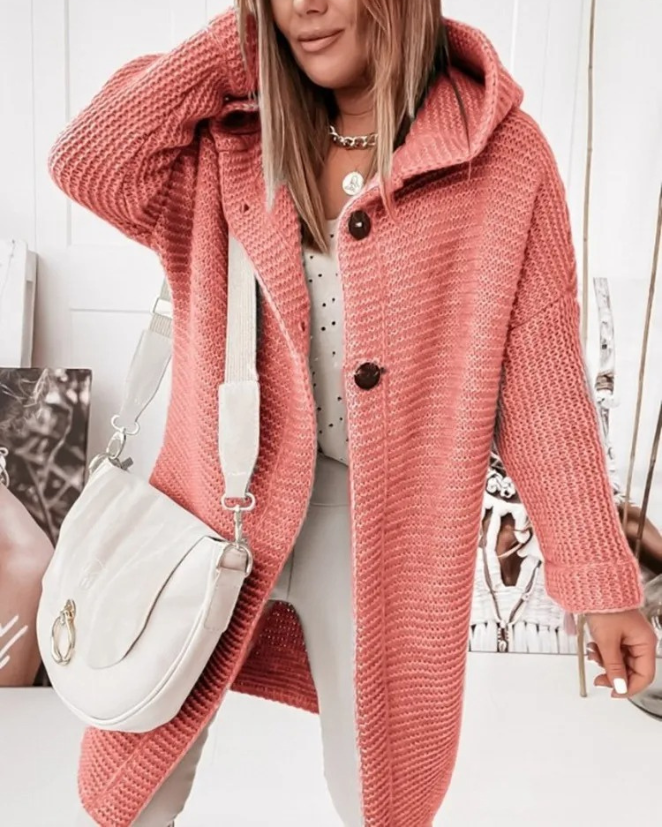 Heidi-Mode | Lange Damen-Weste, Strickjacke mit Kapuze und Knöpfen