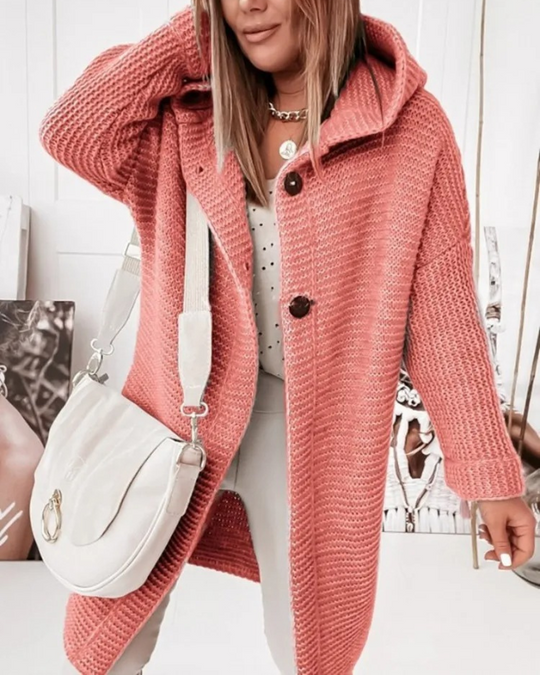 Heidi-Mode | Lange Damen-Weste, Strickjacke mit Kapuze und Knöpfen