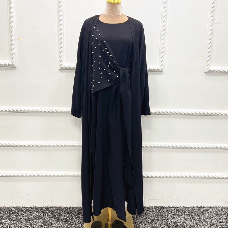 Heidi-Mode | 2-Teiliges Set Spandex Perle Offene Abaya Kleid für Arabische Frauen