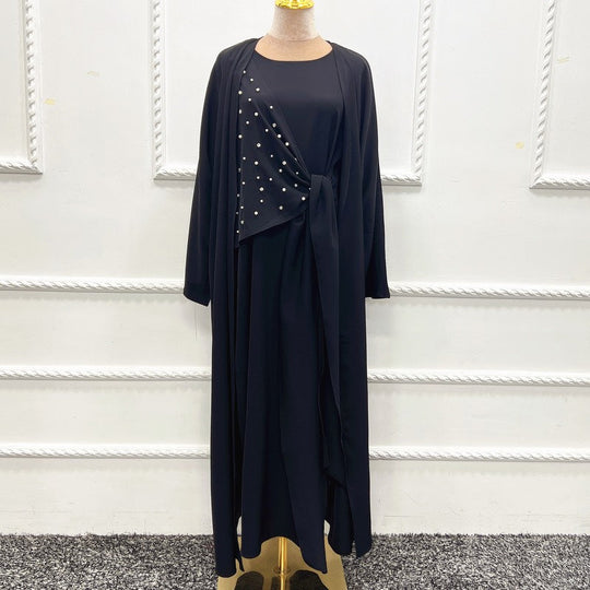 Heidi-Mode | 2-Teiliges Set Spandex Perle Offene Abaya Kleid für Arabische Frauen
