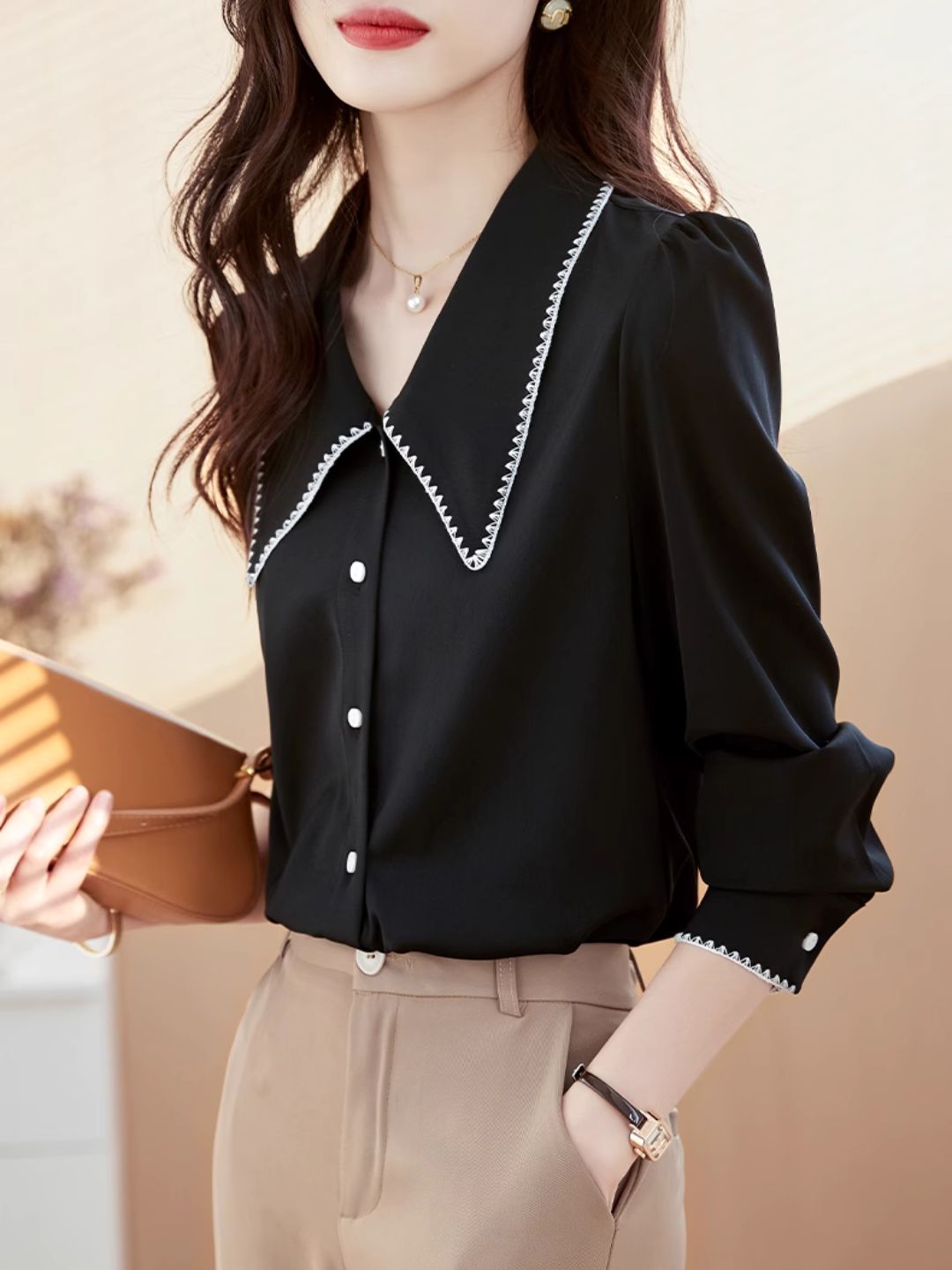 Heidi-Mode | Revers Chiffon Shirt Schwarz