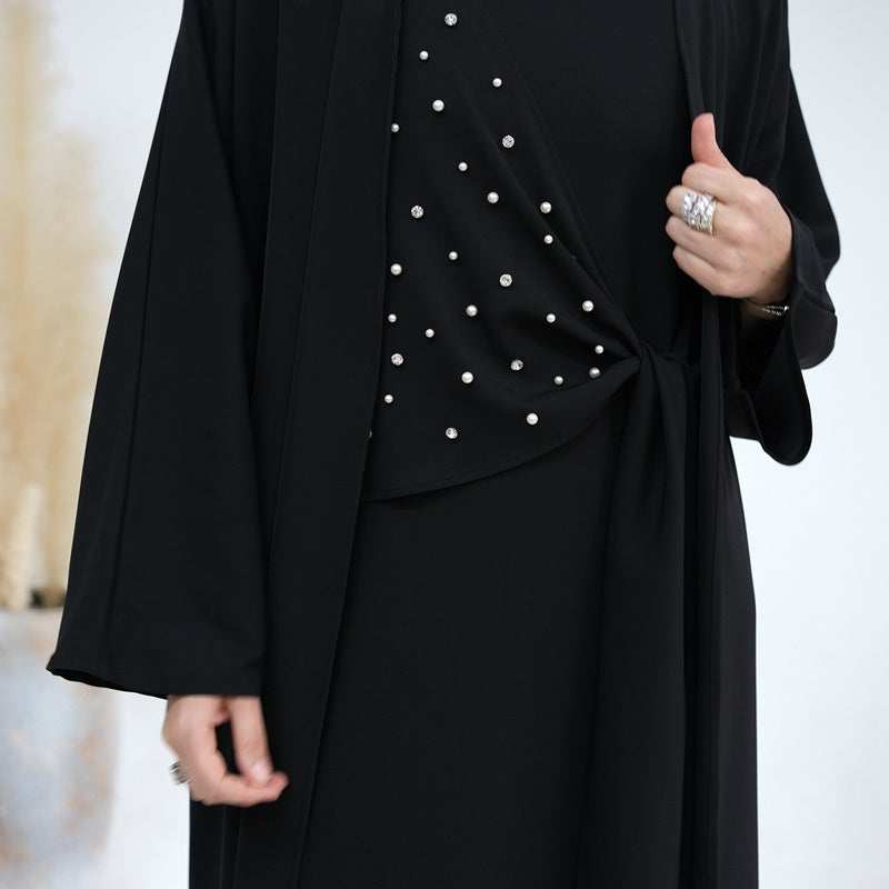 Heidi-Mode | 2-Teiliges Set Spandex Perle Offene Abaya Kleid für Arabische Frauen