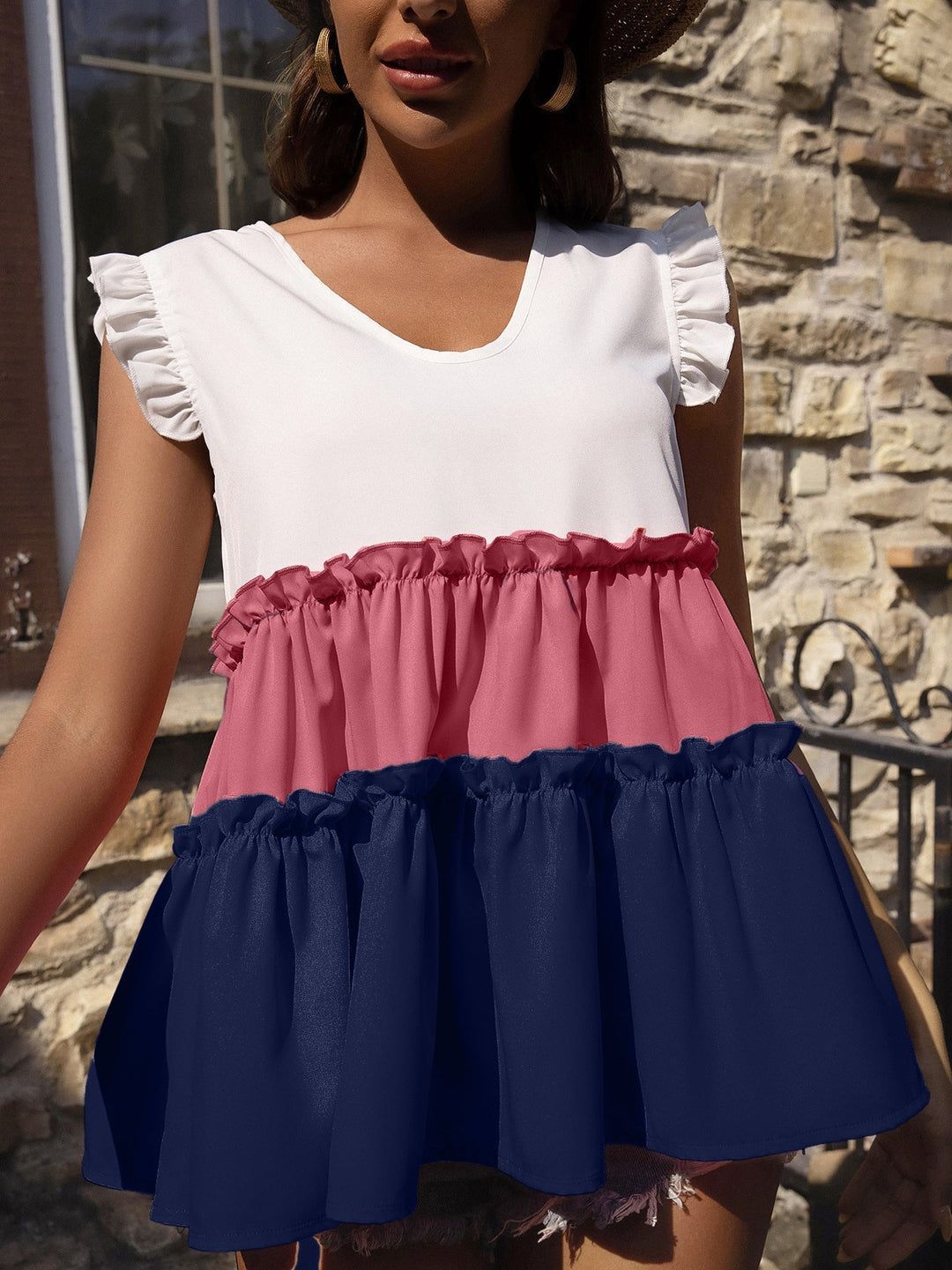 Heidi-Mode | Damen Tank Tops V-Ausschnitt Kontrast Volant Ohne Ärmel Lässige Tank Tops