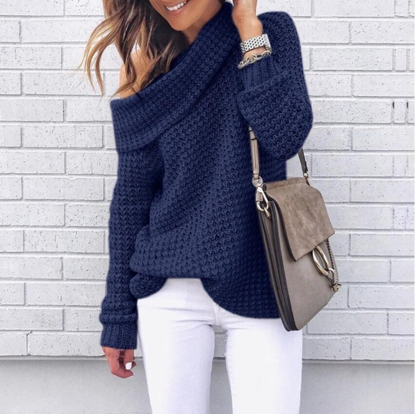 Damen lässiger Pullover mit modischem Schulterdesign und hochgeschlossenem Kragen Heidi-Mode