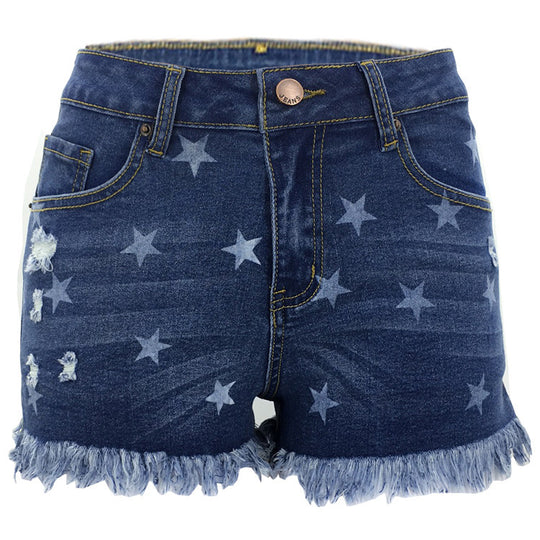 Damen Jeans-Shorts mit Sternen-Design und fransigem Saum Heidi-Mode