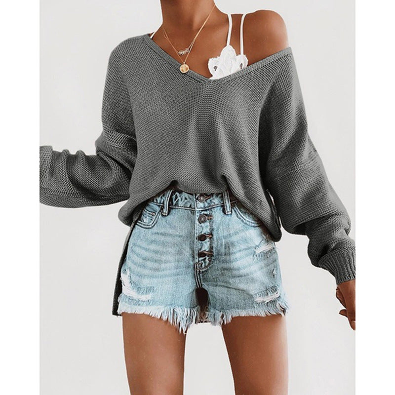 Damen lässiger Strickpullover mit tiefem V-Ausschnitt und lockerer Silhouette Heidi-Mode