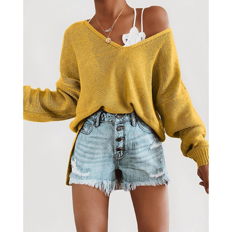 Damen lässiger Strickpullover mit tiefem V-Ausschnitt und lockerer Silhouette Heidi-Mode