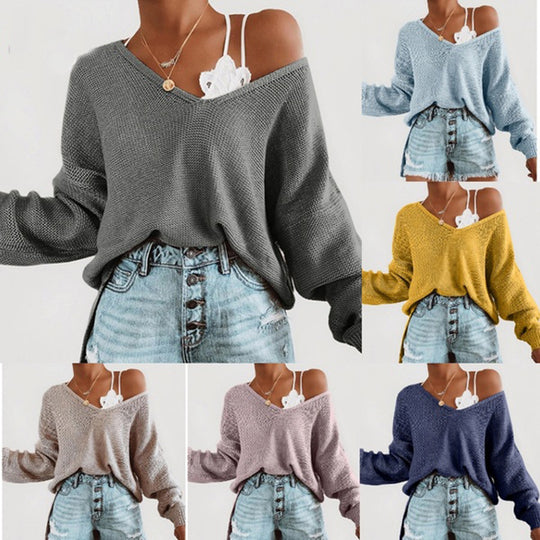 Damen lässiger Strickpullover mit tiefem V-Ausschnitt und lockerer Silhouette Heidi-Mode