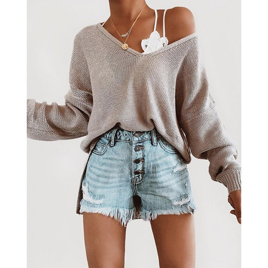 Damen lässiger Strickpullover mit tiefem V-Ausschnitt und lockerer Silhouette Heidi-Mode