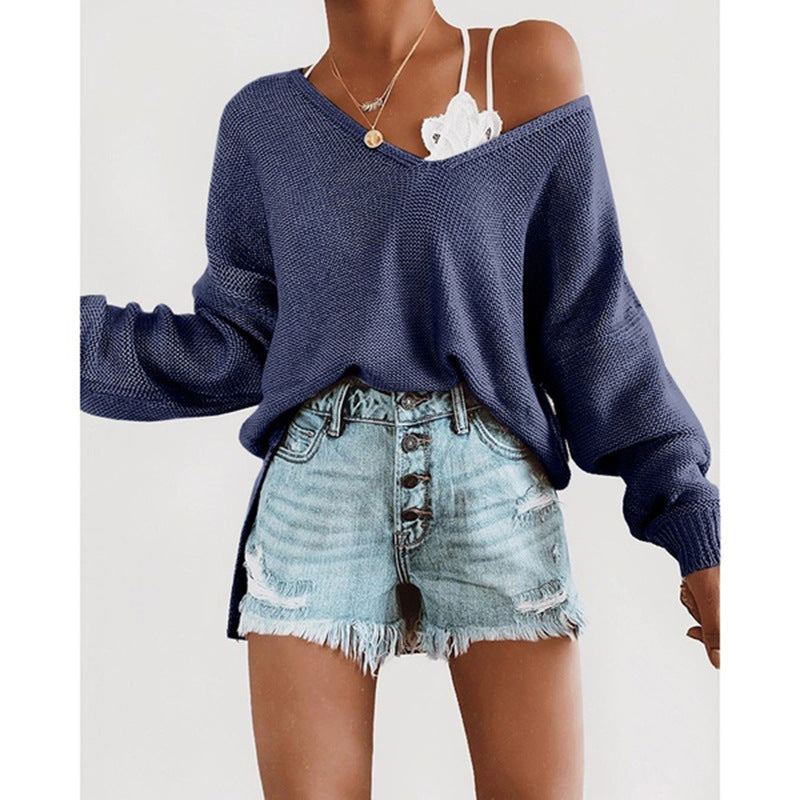 Damen lässiger Pullover mit tiefem V-Ausschnitt und überschnittenen Ärmeln Heidi-Mode