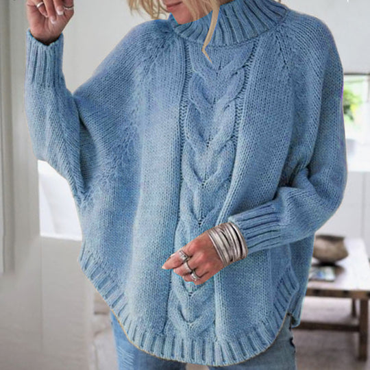 Damen Grobstrick Pullover mit hohem Kragen und dekorativem Zopfmuster Heidi-Mode