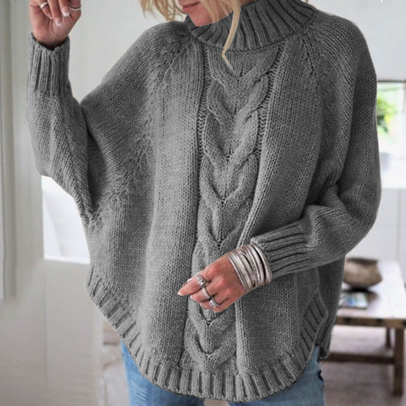 Damen Grobstrick Pullover mit hohem Kragen und dekorativem Zopfmuster Heidi-Mode
