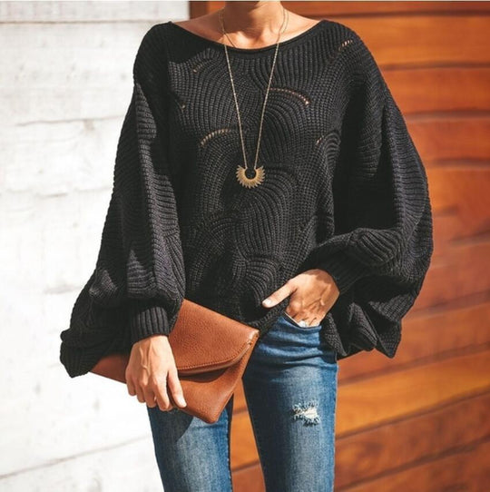 Damen Oversize Strickpullover mit romantischem Wellenmuster Heidi-Mode