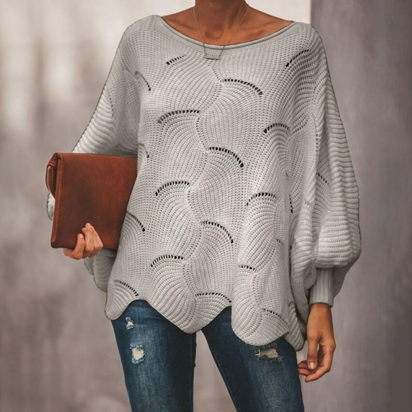 Damen Oversize Strickpullover mit romantischem Wellenmuster Heidi-Mode