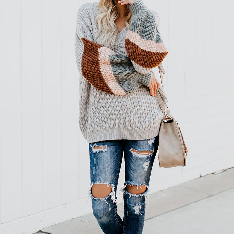 Damen eleganter V-Ausschnitt Strickpullover mit kontrastierenden Ärmeln Heidi-Mode