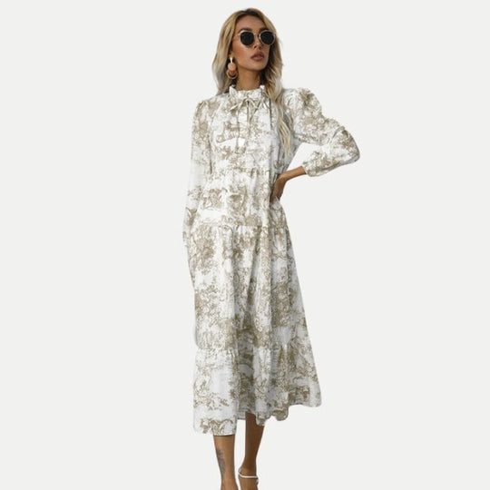 Toile-Druck Midi-Kleid mit hohem Kragen