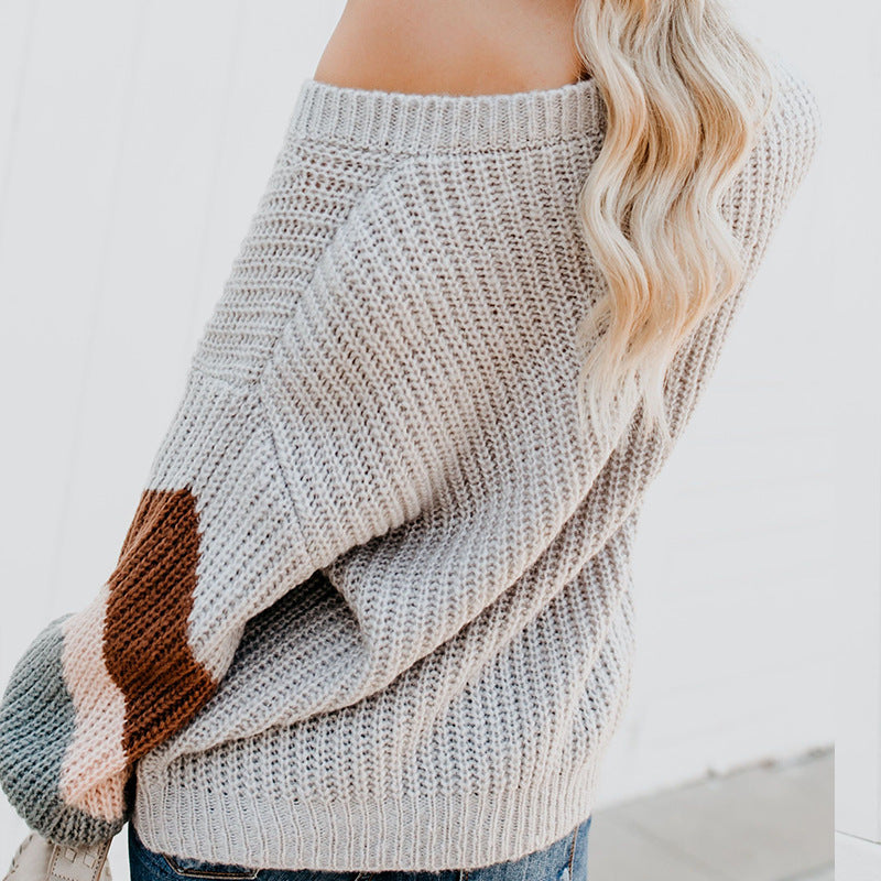 Damen eleganter V-Ausschnitt Strickpullover mit kontrastierenden Ärmeln Heidi-Mode