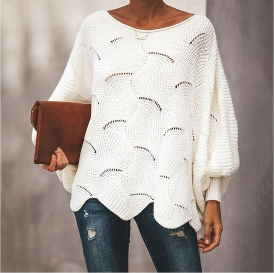 Damen Oversize Strickpullover mit romantischem Wellenmuster Heidi-Mode