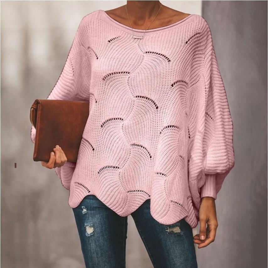 Damen Oversize Strickpullover mit romantischem Wellenmuster Heidi-Mode
