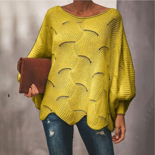 Damen Oversize Strickpullover mit romantischem Wellenmuster Heidi-Mode