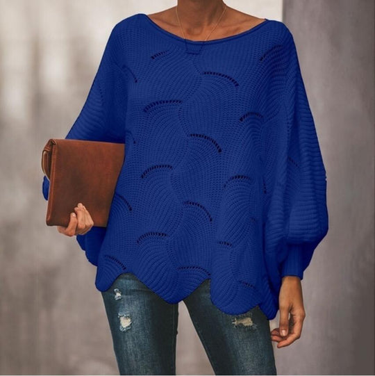 Damen Oversize Strickpullover mit romantischem Wellenmuster Heidi-Mode