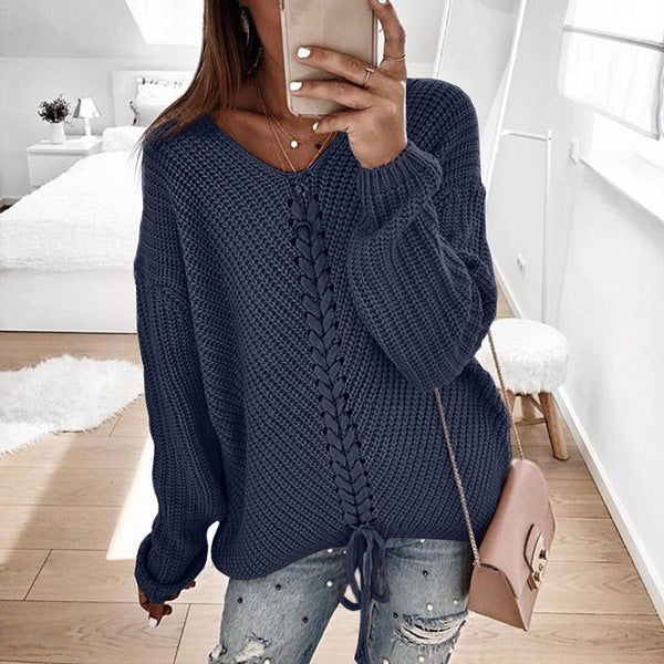 Damen lässiger Strickpullover mit modischem Schnürdetail Heidi-Mode