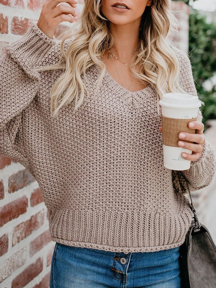 Damen lässiger Strickpullover mit V-Ausschnitt und weitem Schnitt Heidi-Mode