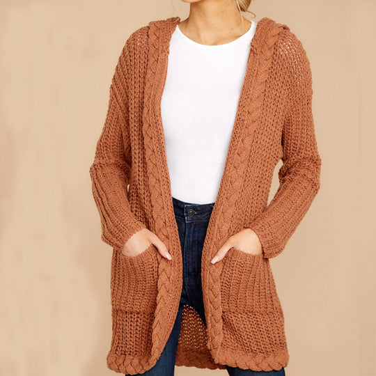 Damen lässige Strickjacke mit Kapuze und strukturiertem Design Heidi-Mode