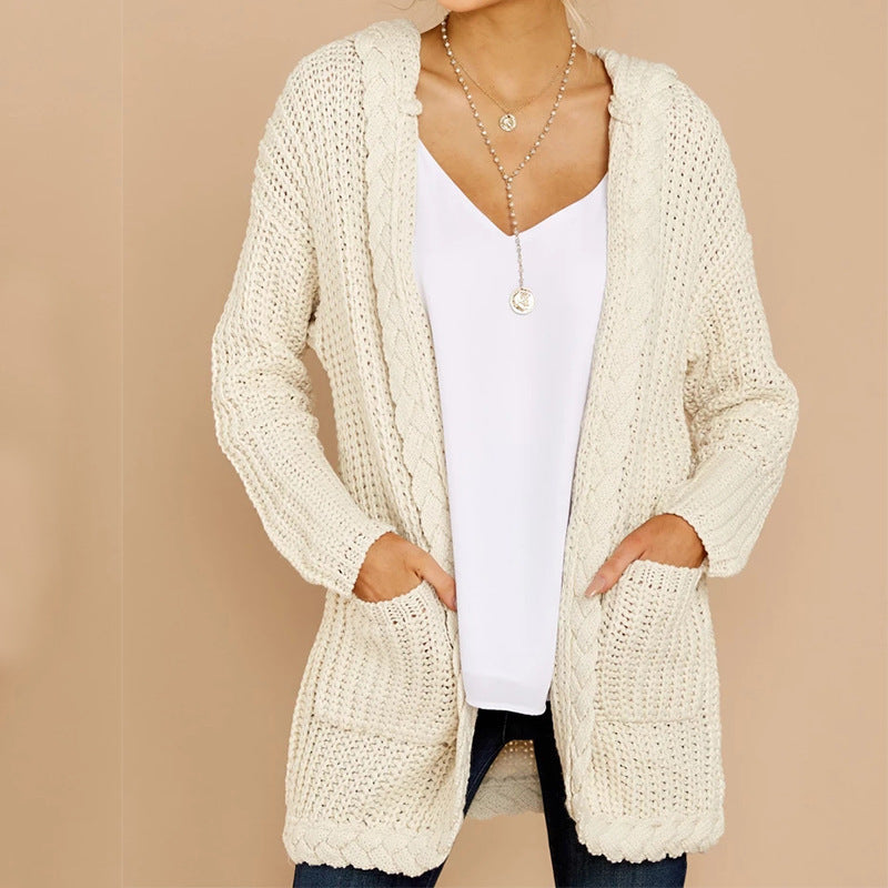 Damen lässige Strickjacke mit Kapuze und strukturiertem Design Heidi-Mode