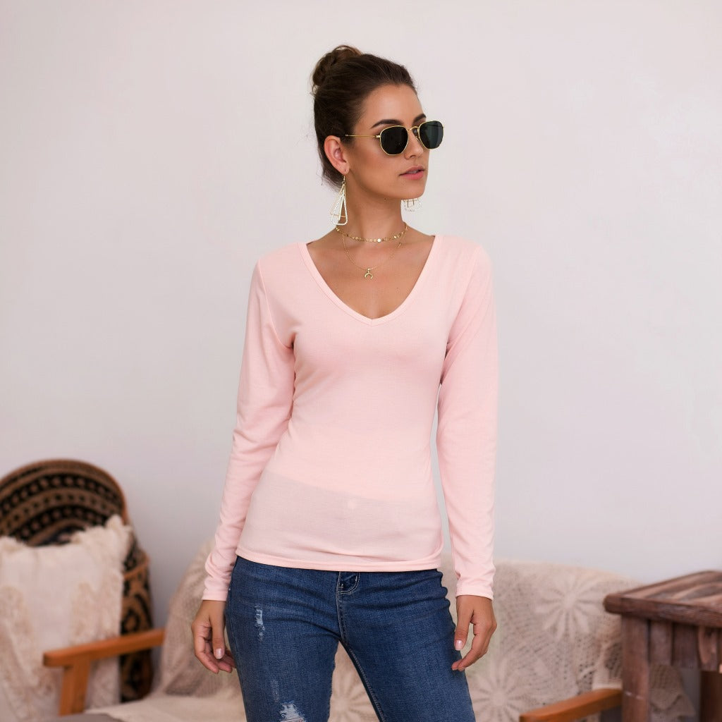 Damen Langarmshirt mit V-Ausschnitt und enganliegendem Design Heidi-Mode