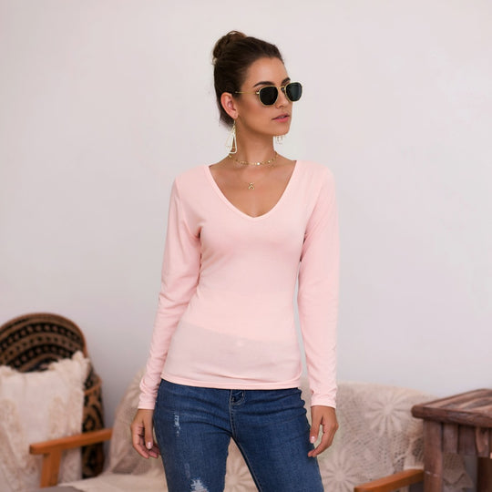 Damen Langarmshirt mit V-Ausschnitt und enganliegendem Design Heidi-Mode