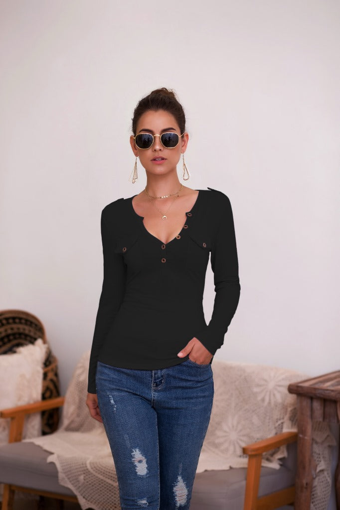 Damen Langarmshirt mit Knopfleiste und Brusttaschen Heidi-Mode