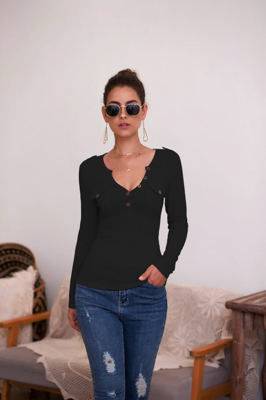 Damen Langarmshirt mit Knopfleiste und Brusttaschen Heidi-Mode