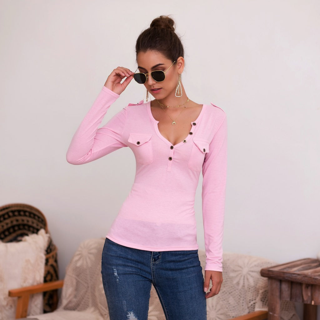 Damen Langarmshirt mit Knopfleiste und Brusttaschen Heidi-Mode