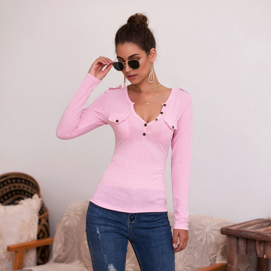 Damen Langarmshirt mit Knopfleiste und Brusttaschen Heidi-Mode