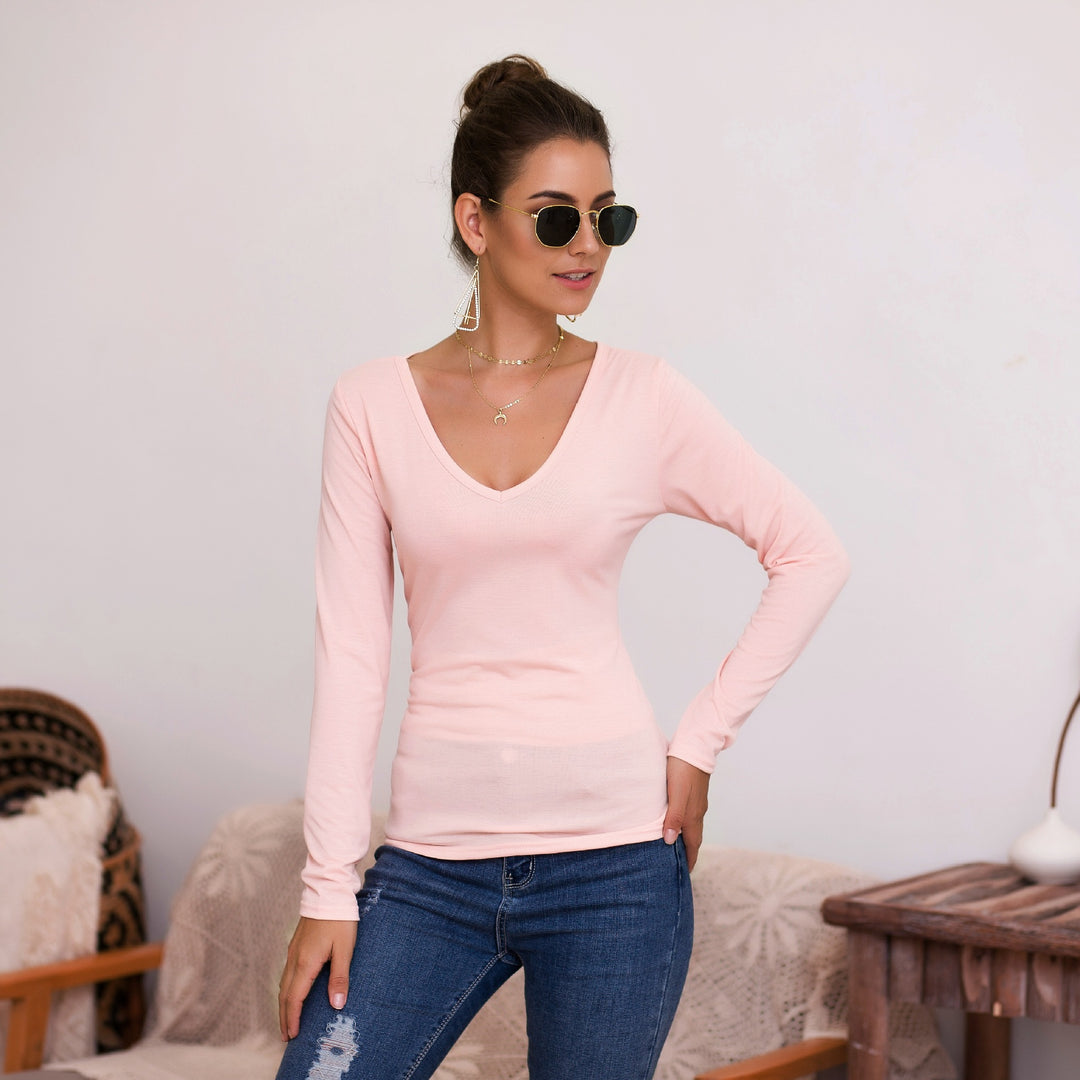 Damen Langarmshirt mit V-Ausschnitt und enganliegendem Design Heidi-Mode
