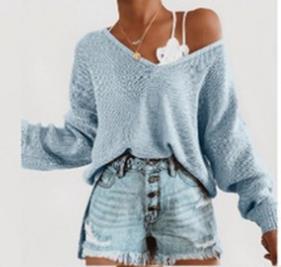 Damen lässiger Pullover mit tiefem V-Ausschnitt und überschnittenen Ärmeln Heidi-Mode