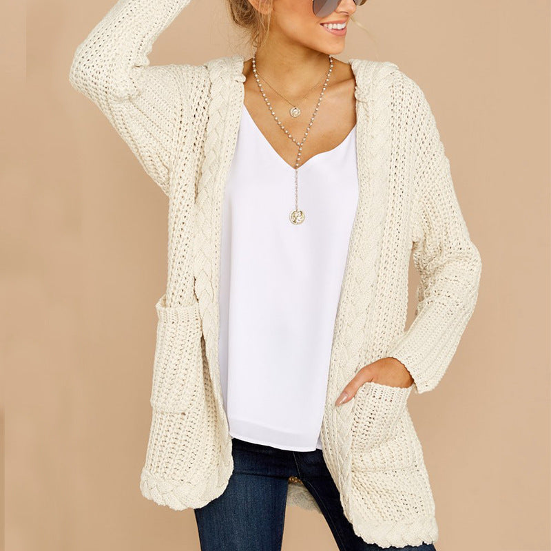Damen lässige Strickjacke mit Kapuze und strukturiertem Design Heidi-Mode