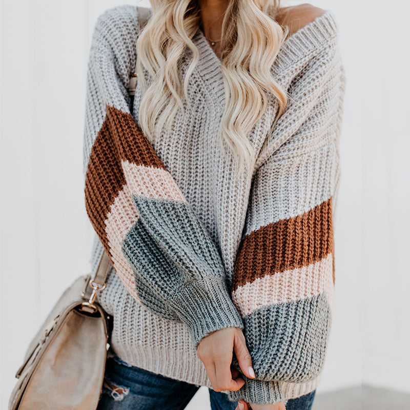 Damen eleganter V-Ausschnitt Strickpullover mit kontrastierenden Ärmeln Heidi-Mode