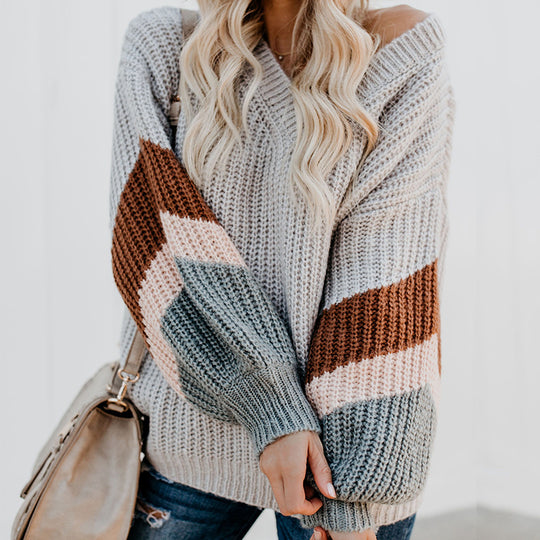 Damen eleganter V-Ausschnitt Strickpullover mit kontrastierenden Ärmeln Heidi-Mode