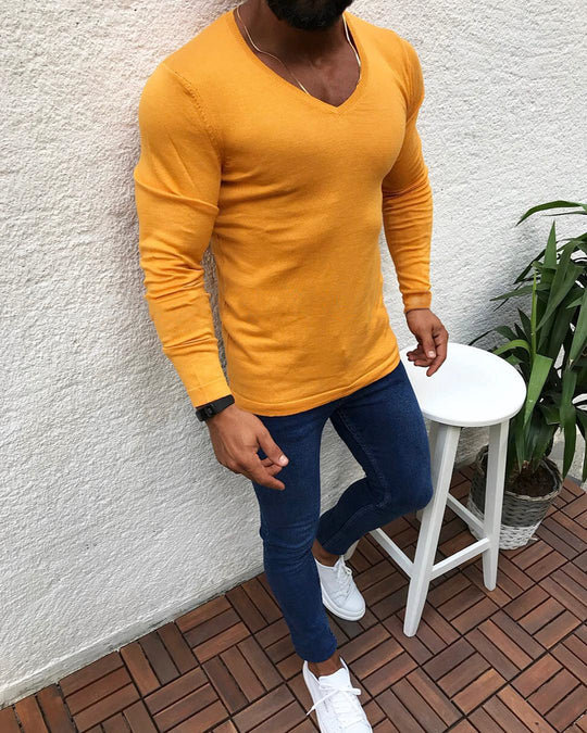 Herren elegantes Langarmshirt mit V-Ausschnitt und figurbetontem Schnitt Heidi-Mode