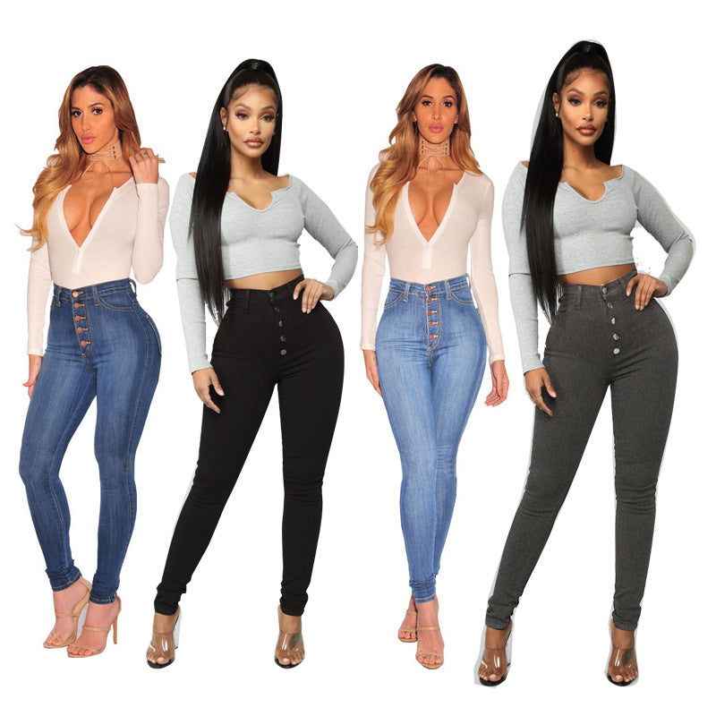 Damen Hochtaillierte Skinny Jeans mit Knopfdetail und elastischem Bund Heidi-Mode