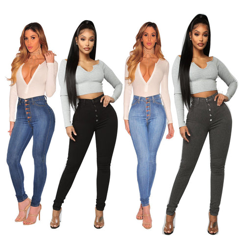 Damen Hochtaillierte Skinny Jeans mit Knopfdetail und elastischem Bund Heidi-Mode